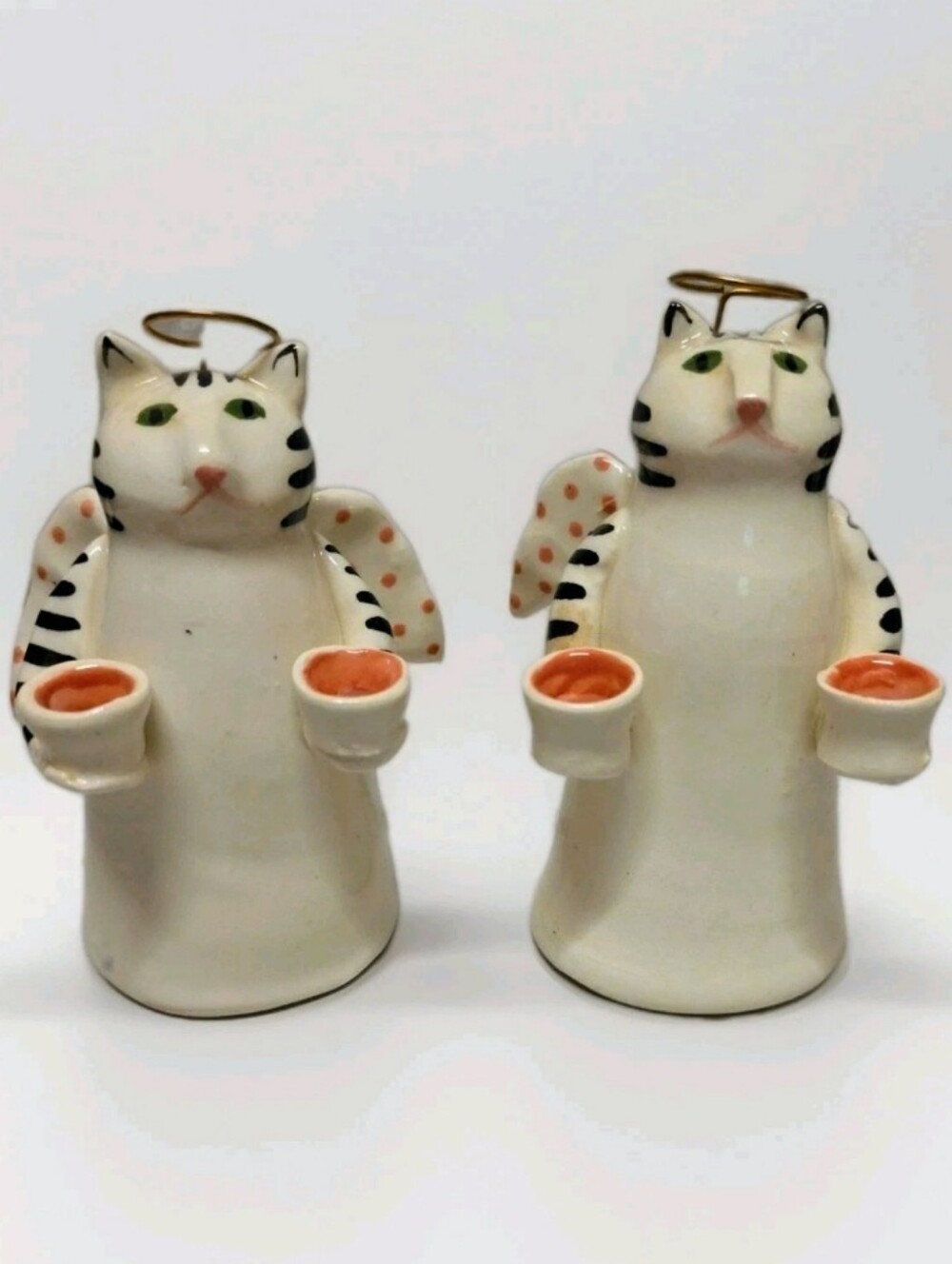 Vintage Pair Solveig Cox Art Pottery Angel Cats Mini Candle Holders Signed Rare